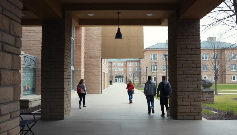 University of Saskatchewan campus entrance in Saskatoon, students walking on overcast day