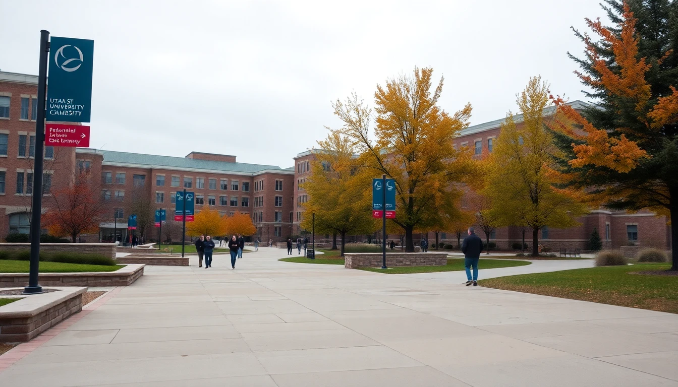 Utah State University main campus walkway in Logan, Utah, during soft overcast light.